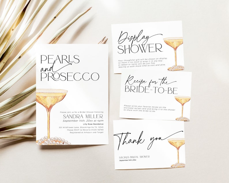 May include: A set of four cards for a bridal shower with the theme "Pearls and Prosecco". The cards are white with black text and feature a watercolour illustration of a champagne flute with pearls. The text on the cards includes "Display Shower", "Recipe for the Bride-to-Be", "Please join us for a Bridal Shower honouring Sandra Miller", and "Thank you".