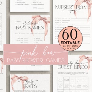 May include: A set of printable baby shower games with a pink bow theme. The games include "Celebrity Baby Names", "Nursery Rhyme Quiz", "Baby Shower Guest Bingo", "Baby Traits", and "What's Under".