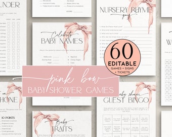 Pink Bow Baby Shower Games Bundle PRINTABLE, Editable Blush Ribbon Activity Pack Girl, Sprinkle Party Bingo, Predictions and Advice, BB58