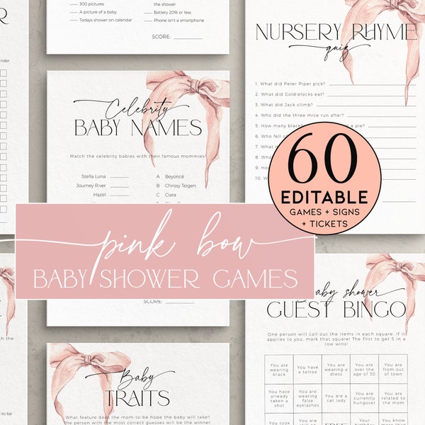 Lot de jeux de baby shower avec noeud rose imprimable, pack d'activités modifiable avec ruban blush fille, saupoudrer de bingo, prédictions et conseils, BB58