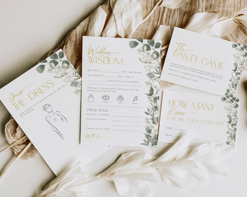 Bridal Shower Game Template Greenery Gold Bundle, Floral Eucalyptus Pack, White and Sage Green Wedding Activity, Elegant Sign Bride, BS44 image 3