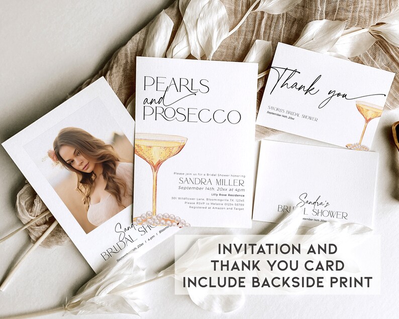 May include: Invitation and thank you card set for a bridal shower. The invitation features a glass of champagne and the text "Pearls and Prosecco". The thank you card features a glass of champagne and the text "Thank you".