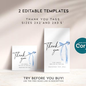 Pode incluir: Dois r&oacute;tulos de agradecimento edit&aacute;veis com um design de fita azul aquarela. Os r&oacute;tulos medem 5x5 cm e 5x8,9 cm. O texto nos r&oacute;tulos diz "Obrigado" com as palavras "Por tornar este dia t&atilde;o especial" e a data "14 de setembro de 20xx".