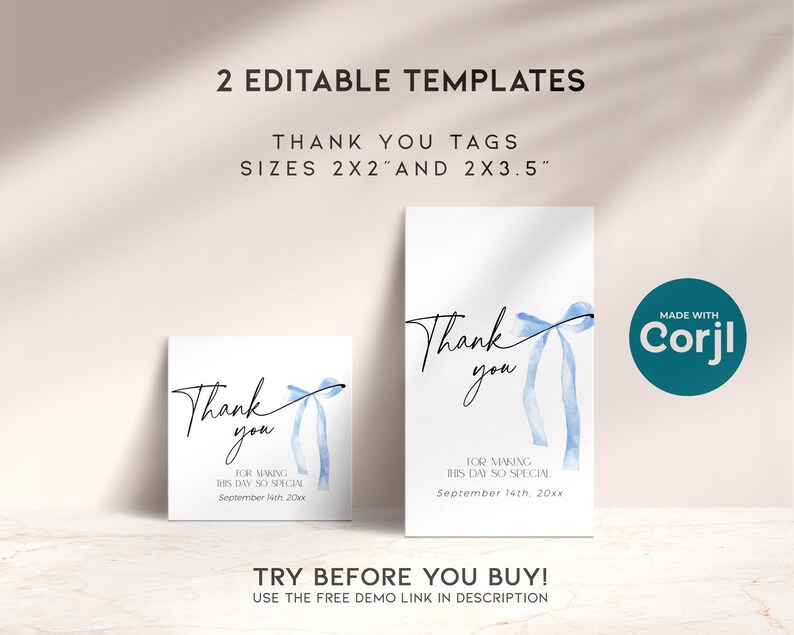 Pode incluir: Dois r&oacute;tulos de agradecimento edit&aacute;veis com um design de fita azul aquarela. Os r&oacute;tulos medem 5x5 cm e 5x8,9 cm. O texto nos r&oacute;tulos diz "Obrigado" com as palavras "Por tornar este dia t&atilde;o especial" e a data "14 de setembro de 20xx".