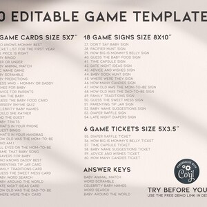 May include: A printable set of 60 editable game templates for a baby shower. The templates are divided into three categories: game cards, game signs, and game tickets. The game cards are 5x7 inches, the game signs are 8x10 inches, and the game tickets are 5x3.5 inches. The templates are designed to be personalized with the baby's name and other details.