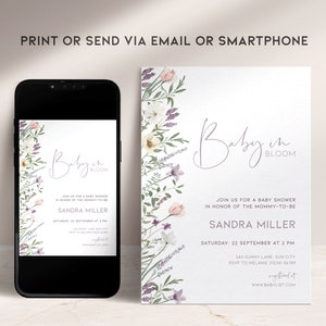 May include: A baby shower invitation with a floral design. The invitation says "Baby in Bloom" and includes the date and time of the shower, the honoree's name, and the RSVP information.