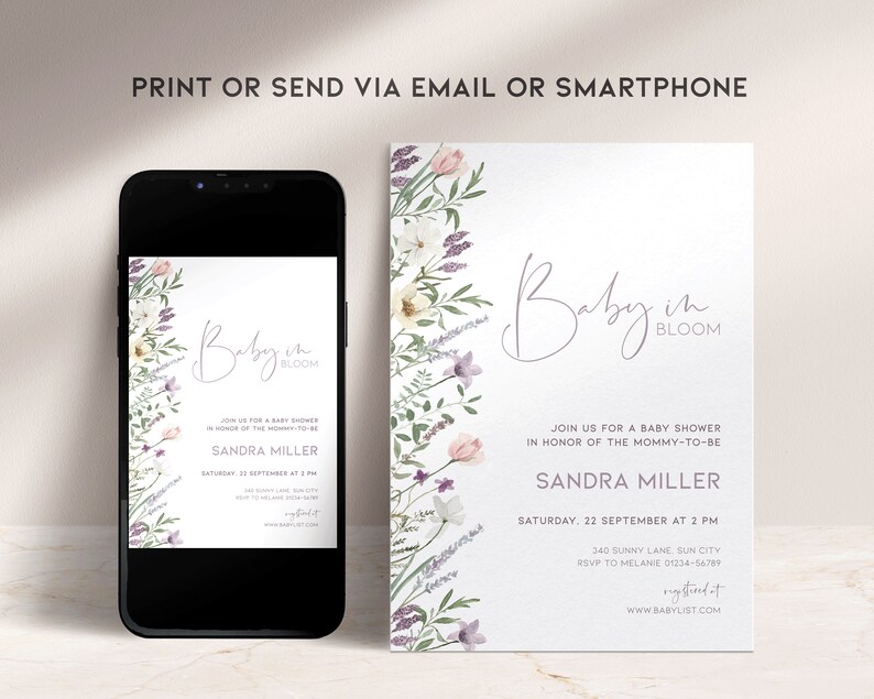 May include: A baby shower invitation with a floral design. The invitation says "Baby in Bloom" and includes the date and time of the shower, the honoree's name, and the RSVP information.