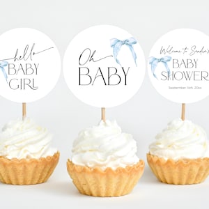Blue Bow Baby Shower Cupcake Topper Template, Elegant Coquette Printable Ribbon Party Cake Decoration Boy, Dusty Bridal Shower Decor, BB59