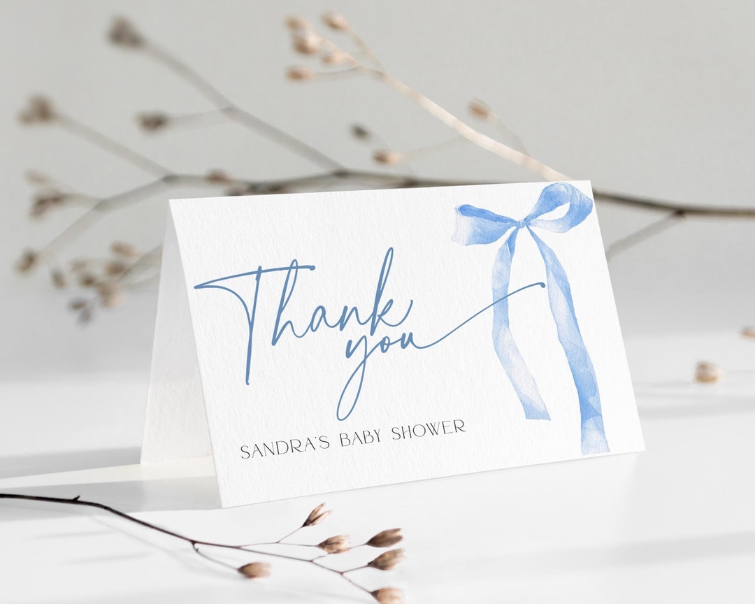 Blue Bow Thank You Card Baby Shower DOWNLOAD, Coquette Thanks Note ...