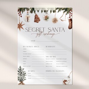 Brown Christmas questionnaire for Secret Santagift exchange, editable template with boho Christmas theme