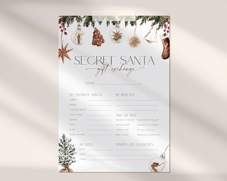 Brown Christmas questionnaire for Secret Santagift exchange, editable template with boho Christmas theme