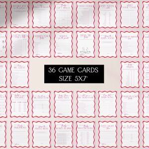 May include: Thirty-six printable baby shower game cards with pink, yellow, and red borders. The cards are 5x7 inches and feature a variety of games, including "Mommy Best", "Guess Who", "Baby Animal", "Baby Food", "Baby Traits", and "Date Night".
