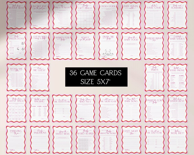 May include: Thirty-six printable baby shower game cards with pink, yellow, and red borders. The cards are 5x7 inches and feature a variety of games, including "Mommy Best", "Guess Who", "Baby Animal", "Baby Food", "Baby Traits", and "Date Night".