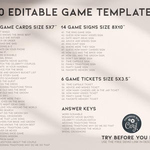 May include: A printable set of 60 editable game templates for a wedding or bridal shower. The templates are divided into three categories: 40 game cards, 14 game signs, and 6 game tickets. The game cards are 5x7 inches, the game signs are 8x10 inches, and the game tickets are 5x3.5 inches. The templates are designed to be personalized with the couple's names and wedding date.