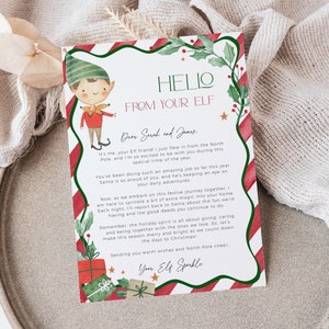 Carta de chegada do elfo do Papai Noel PARA IMPRIMIR, cartão rosa Olá do seu menino elfo para download digital, modelo editável de primeira chegada, CH49