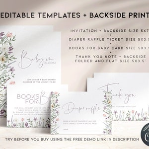 May include: Four printable templates for a baby shower. The templates include an invitation, a diaper raffle ticket, a book request card, and a thank you note. Each template features a floral design with pink, white, and purple flowers. The text on the invitation reads "Baby in Bloom".