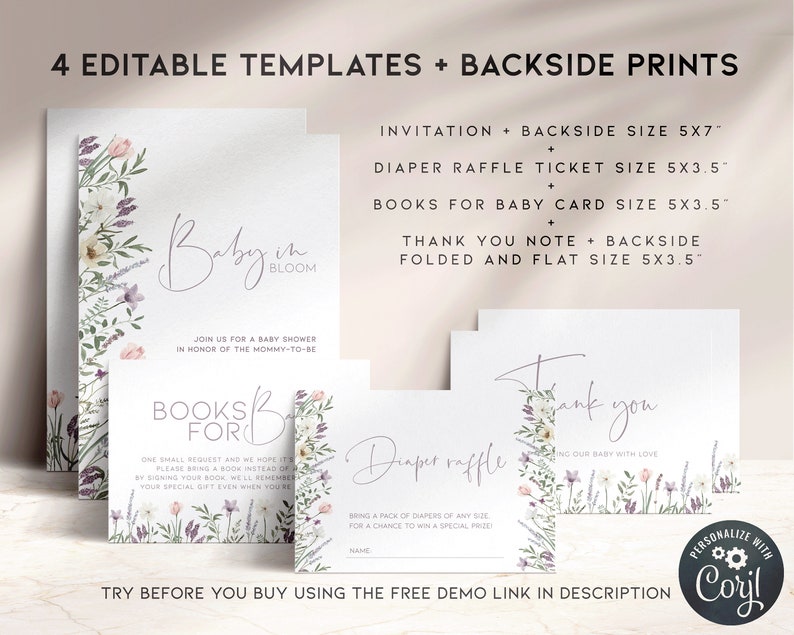 May include: Four printable templates for a baby shower. The templates include an invitation, a diaper raffle ticket, a book request card, and a thank you note. Each template features a floral design with pink, white, and purple flowers. The text on the invitation reads "Baby in Bloom".