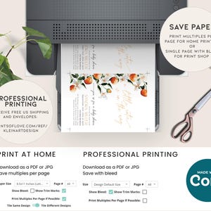Pode incluir: Uma maquete digital de um convite imprim&iacute;vel com um design de p&ecirc;ssego e flores. O convite diz "Voc&ecirc; est&aacute; convidado para um ch&aacute; de beb&ecirc;" e inclui o nome "Sandra Miller". A imagem mostra op&ccedil;&otilde;es para imprimir em casa ou profissionalmente, incluindo instru&ccedil;&otilde;es para economizar papel e usar sangramento.