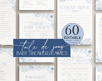 Blaues Toile de Jouy-Babypartyspiele-Bundle, bearbeitbares staubiges Chinoiserie-Abenteuerpaket Junge, eleganter französischer Marine-Wildblumensprenkeln, BB94