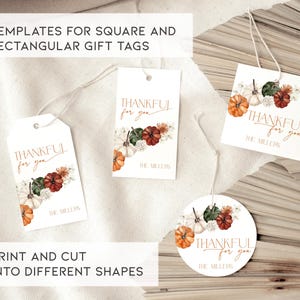 K&ouml;nnte beinhalten: Geschenkanh&auml;nger-Vorlagen in verschiedenen Formen, darunter quadratisch, rechteckig und kreisf&ouml;rmig. Jedes Etikett tr&auml;gt den Text "THANKFUL for you" mit einem floralen und K&uuml;rbis-Design. Die Etiketten sind mit dem Namen "THE MILLERS" bedruckt.