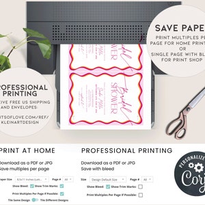 May include: A printable bridal shower invitation template with a pink and orange wavy border. The text "Bridal Shower" is written in pink script with a red heart. The text "Save Paper" is written in black text. The text "Print Multiples Per Page for Home Printing or Single Page with Bleed for Print Shop" is written in black text. The text "Professional Printing" is written in black text. The text "Receive Free US Shipping and Envelopes: Printsoflove.com/ref/kleinartdesign" is written in black text. The text "Print at Home" is written in black text. The text "Download as a PDF or JPG Save multiples per page" is written in black text. The text "Paper Size 8.5x11 Inches (Letter)" is written in black text. The text "Page # All" is written in black text. The text "Show Bleed: Show Trim Marks: Print Multiples Per Page If Possible: Tile Same Design Tile Different Designs" is written in black text. The text "Professional Printing" is written in black text. The text "Download as a PDF or JPG Save with bleed" is written in black text. The text "Size Design Default Size Page # All" is written in black text. The text "Show Bleed: Show Trim Marks: Print Multiples Per Page If Possible: " is written in black text. The text "Personalize with Coryl" is written in white text on a black circle with a gear icon.