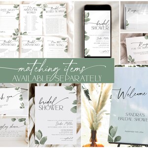 May include: A set of printable bridal shower decorations featuring a green eucalyptus theme. The set includes a welcome sign, a thank you card, a bridal shower invitation, a recipe card, and several games. The text on the welcome sign reads "Welcome to Sandra's Bridal Shower".