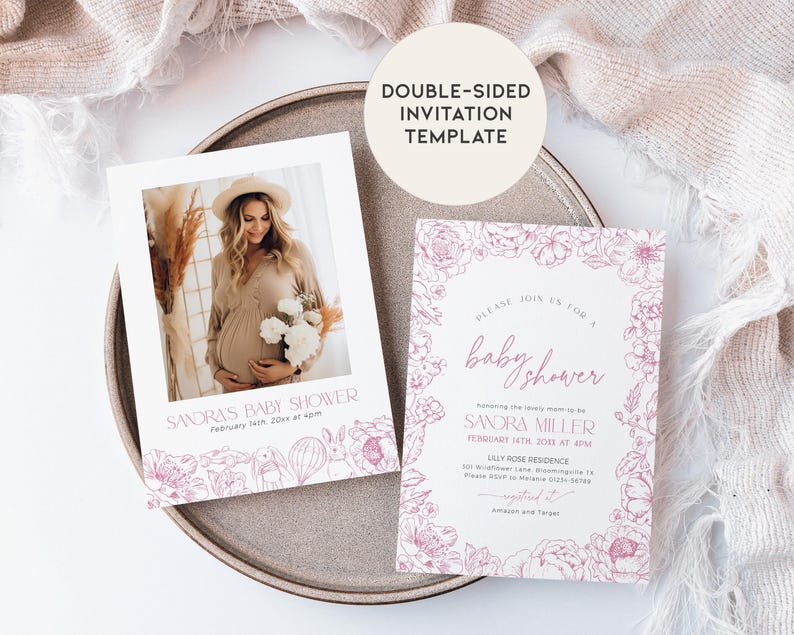 Może przedstawiać: Dwustronny szablon zaproszenia na baby shower z kwiatową ramką i zdjęciem kobiety w ciąży. Tekst na zaproszeniu brzmi "Proszę dołącz do nas na baby shower" i "Sandra Miller".