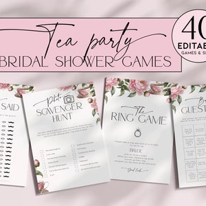 Modèle de jeux de douche nuptiale Tea Party, thé de l'après-midi tasse EVJF, EVJF rose fard à joues imprimable, ensemble de mariage jardin floral, BS40