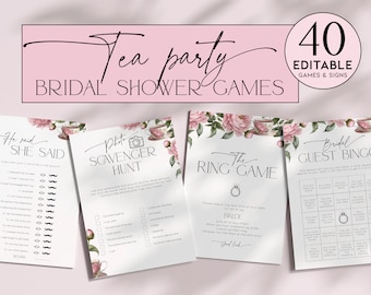 Tea Party Bridal Shower Games TEMPLATE, Afternoon Tea Cup Hen Party Pack, Blush Pink Bachelorette PRINTABLE, Floral Garden Wedding Set, BS40