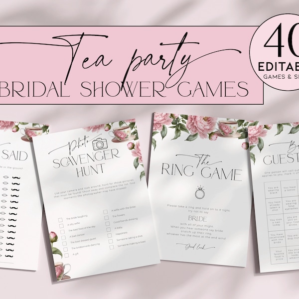 Tea Party Bridal Shower Games TEMPLATE, Afternoon Tea Cup Hen Party Pack, Blush Pink Bachelorette PRINTABLE, Floral Garden Wedding Set, BS40