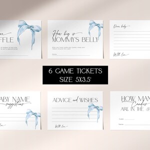 May include: Six printable baby shower game cards featuring blue watercolour bows. The cards include games such as "Diaper Raffle", "How Big is Mommy's Belly", "Baby Name Suggestions", "Advice and Wishes", "Dear Baby", and "How Many Candies Are in the Jar".