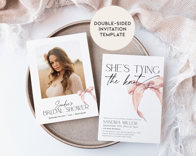 Pink Bow Bridal Shower Invite Tying The Knot Invitation PRINTABLE, Coquette Blush Engagement Invite, Editable Template Baby Download, BS58 image 5