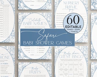 Könnte beinhalten: Eine Sammlung hellblauer Babyparty-Spielkarten mit Safari-Thema. Die Karten zeigen verschiedene Spiele, darunter Promi-Babynamen und Kinderreim-Quiz, mit dekorativen Blumen- und Tierillustrationen. Der Text "60 Bearbeitbare Spiele + Schilder + Tickets" ist ebenfalls sichtbar.