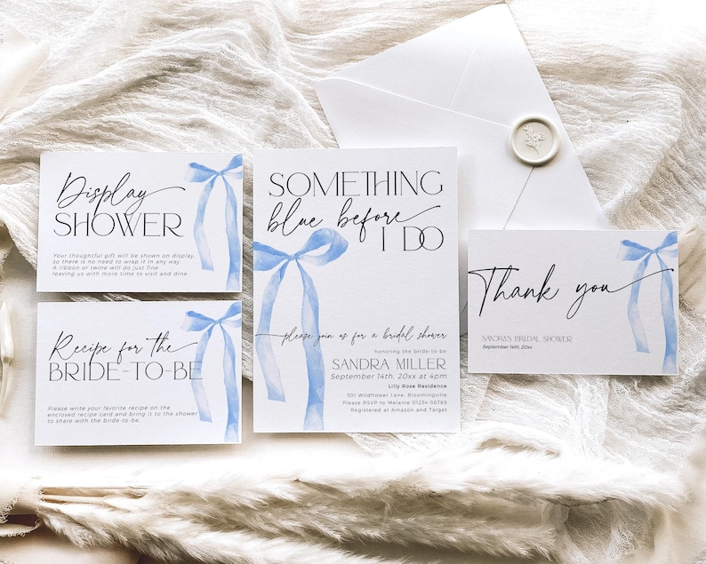 Something Blue Before I Do bridal shower invitation bundle template with printable and online invitation, display shower card, recipe card and request and thank you note