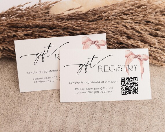 Pink Bow Gift Registry QR Code Invite Insert, Editable Coquette Baby Shower Card PRINTABLE, Dusty Rose Sprinkle Enclosure Template, BB58