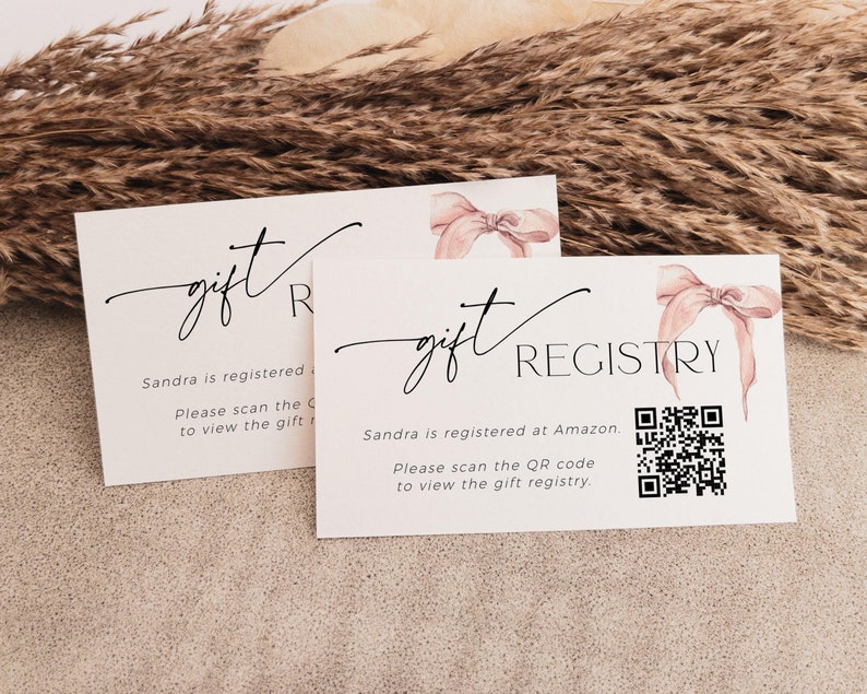 Gift registry card with QR code with pink bow design
