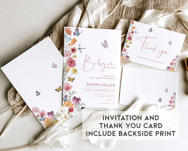 May include: A floral baby shower invitation and thank you card set. The invitation features a watercolor floral design with butterflies and the text "Baby in Bloom". The thank you card features the same floral design with the text "Thank you for showering our baby with love".