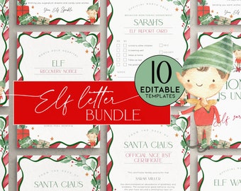 May include: A collection of Christmas-themed stationery templates. The designs include elf report cards, nice list certificates, and elf recovery notices. The templates feature festive borders with candy cane stripes, holly, and illustrations of elves and gifts. The text "Elf Letter Bundle" is prominently displayed.