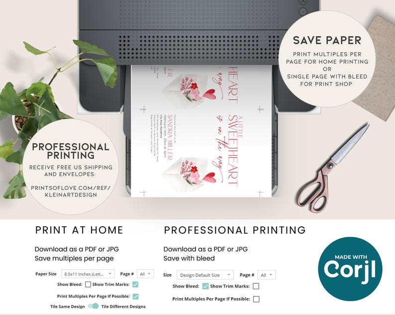 May include: A printable wedding invitation template featuring a watercolour floral design and the text "A Little Sweetheart is on the way". The template offers options for professional printing or printing at home. The template is made with Corjl.