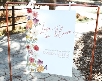 Love Is In Bloom Bridal Shower Welcome Sign, Wildflower Bachelorette Signage, Red Purple Lifetime of Butterflies Decoration Template, BS98