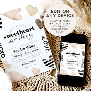 May include: A white baby shower invitation with black and white stripes, pink and brown watercolor hearts, and the text "Our little sweetheart is on the way". The invitation includes the name "Sandra Miller" and the date "February 14th, 20xx at 4pm".