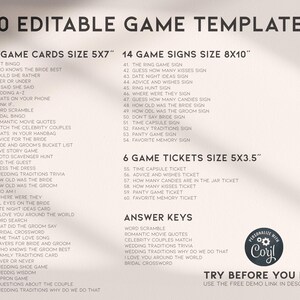 May include: A printable set of 60 editable game templates for a wedding or bridal shower. The templates are divided into three categories: 40 game cards, 14 game signs, and 6 game tickets. The game cards are 12.7x17.8 cm, the game signs are 20.3x25.4 cm, and the game tickets are 12.7x8.9 cm. The templates are designed to be personalized with the couple's names and wedding date.
