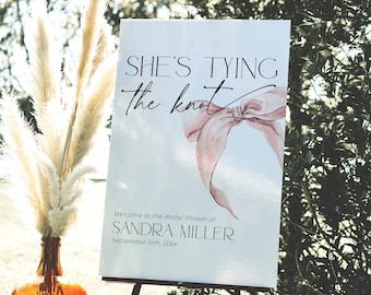 She&#39;s tying the knot Bridal Shower Sign, Blush Pink Bow Welcome Signage PRINTABLE, Bachelorette Party Banner, Wedding Poster Download, BS58
