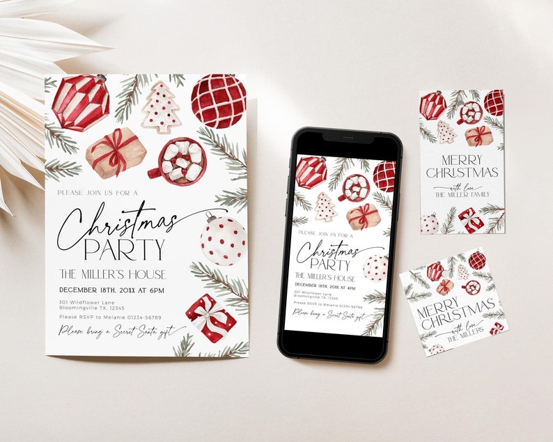 Paquete de invitaciones para fiestas navideñas para niños, invitación navideña con adornos rojos imprimibles, etiquetas de regalo navideñas editables para niños, tarjeta divertida para eventos familiares, CH73 imagen 1