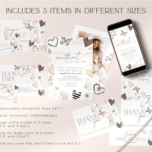 May include: A set of printable baby shower invitations and cards featuring a watercolor design with butterflies, hearts, and floral elements. The text includes "A little sweetheart is on the way" and "Books for Baby".