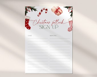 May include: A Christmas potluck sign-up sheet with festive watercolor illustrations. The design features a red and white striped stocking, a candy cane, and a wrapped gift. The text "Christmas potluck SIGN UP" is written in a decorative font.