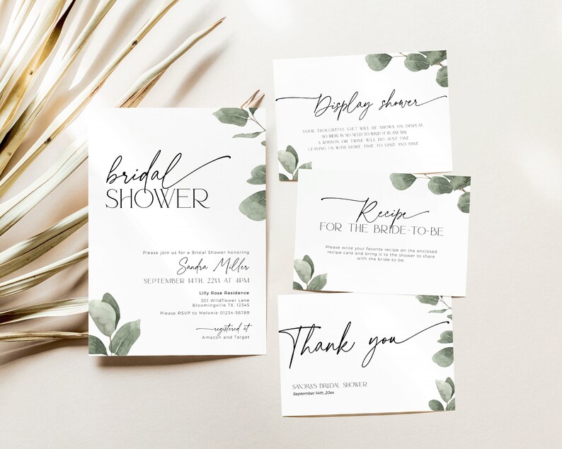 Bridal Shower Invitation Bundle with green eucalyptus laves
