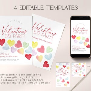 May include: Four printable Valentine's Day party templates featuring watercolor hearts in shades of pink, red, yellow, and blue. The templates include an invitation, a square gift tag, a rectangular gift tag, and a digital invitation.