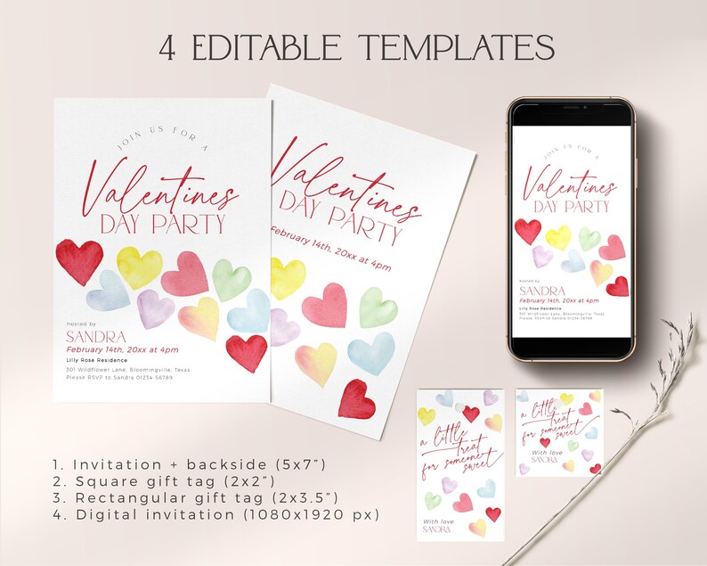 May include: Four printable Valentine's Day party templates featuring watercolor hearts in shades of pink, red, yellow, and blue. The templates include an invitation, a square gift tag, a rectangular gift tag, and a digital invitation.