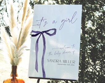 Purple Bow Baby Shower Welcome Sign, Dark Ribbon Sprinkle Signage, Coquette Mom-to-be Party Banner Girl, Bridal Poster Download, BB102